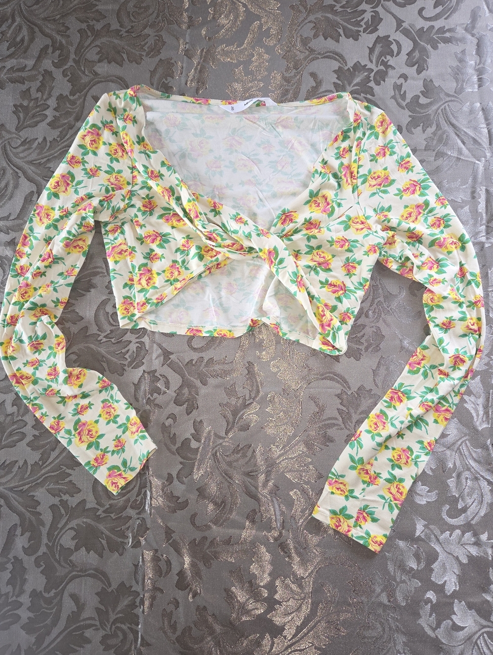 Mango Floral Twist-Front Crop Top with Pink Blooms